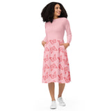 Raspberry Butterfly - All-over print long sleeve midi dress