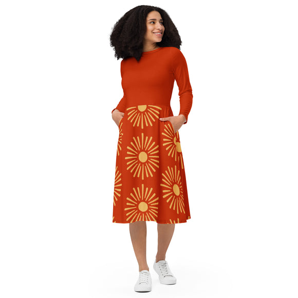 Niamey - All-over print long sleeve midi dress