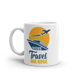 3_221 - Work, travel, save, repeat - White glossy mug