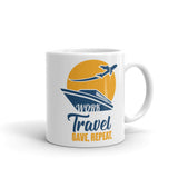 3_221 - Work, travel, save, repeat - White glossy mug